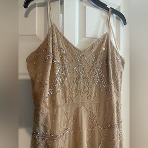 Adrianna Papell Platinum Nude Sequin Art Deco Embellished Gown